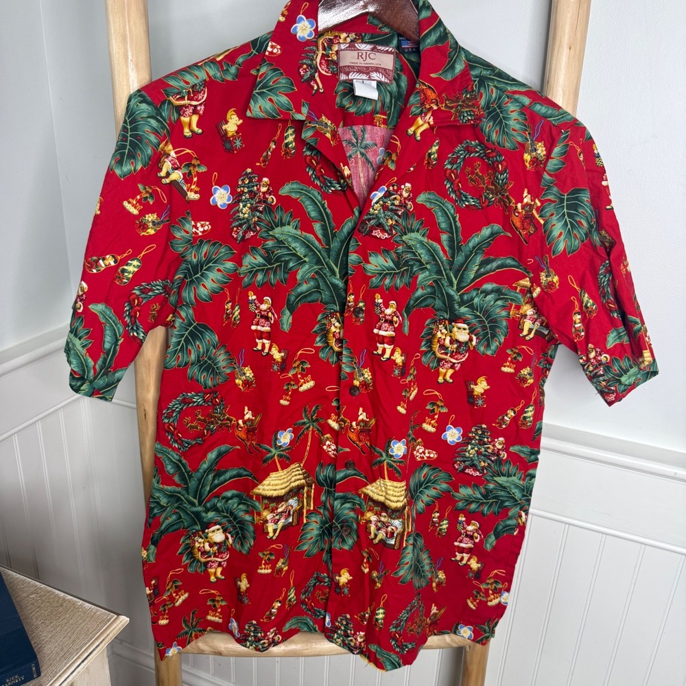 RJC Mens Christmas Hawaiian Shirt Red Santa Tropical Palm Tree Made in Hawaii L